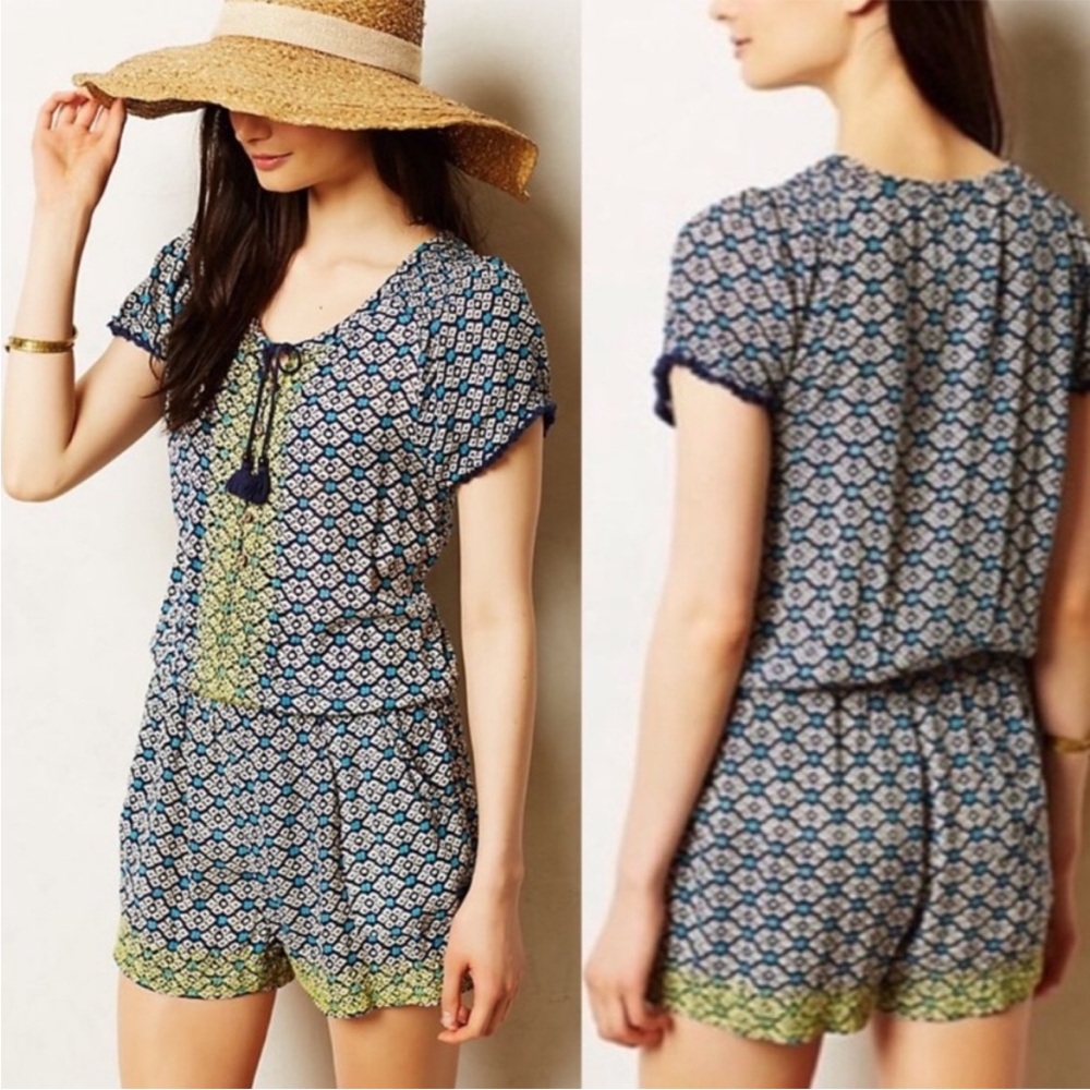 Anthropologie Lilka Tile Print Tassel Button Up Romper Pockets Embroidery Boho M